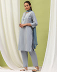 Embroidered Cotton Kurta Set with Tie-Up Neck & Lace-Trimmed Dupatta