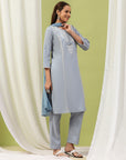 Embroidered Cotton Kurta Set with Tie-Up Neck & Lace-Trimmed Dupatta