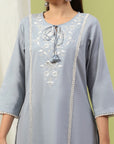 Embroidered Cotton Kurta Set with Tie-Up Neck & Lace-Trimmed Dupatta
