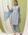 Embroidered Cotton Kurta Set with Tie-Up Neck & Lace-Trimmed Dupatta