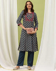 Ethnic Motif Printed Straight Kurta Set with Thread Embroidery