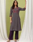Ethnic Motif Printed Straight Kurta Set with Thread Embroidery