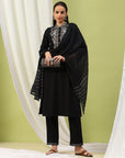 Mandarin-Collar Cotton-Blend Kurta Set with Embroidered Palazzo & Zari-Edged Dupatta