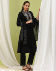 Mandarin-Collar Cotton-Blend Kurta Set with Embroidered Palazzo & Zari-Edged Dupatta