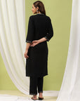 Mandarin-Collar Cotton-Blend Kurta Set with Embroidered Palazzo & Zari-Edged Dupatta
