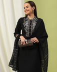 Mandarin-Collar Cotton-Blend Kurta Set with Embroidered Palazzo & Zari-Edged Dupatta