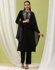 Mandarin-Collar Cotton-Blend Kurta Set with Embroidered Palazzo & Zari-Edged Dupatta