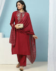Mandarin-Collar Cotton-Blend Kurta Set with Embroidered Palazzo & Zari-Edged Dupatta