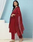 Mandarin-Collar Cotton-Blend Kurta Set with Embroidered Palazzo & Zari-Edged Dupatta