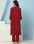 Mandarin-Collar Cotton-Blend Kurta Set with Embroidered Palazzo & Zari-Edged Dupatta