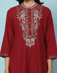 Mandarin-Collar Cotton-Blend Kurta Set with Embroidered Palazzo & Zari-Edged Dupatta