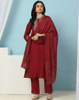 Mandarin-Collar Cotton-Blend Kurta Set with Embroidered Palazzo & Zari-Edged Dupatta