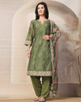 Lehariya Printed Straight Chanderi Kurta Set with Embroidered Cuffs & Printed Dupatta