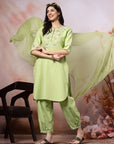Solid Straight Cotton Kurta with Embroidered Afghani Salwar & Laced Dupatta