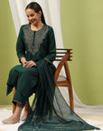 Solid Straight Cotton Kurta Set with Embroidery & Zari Dupatta