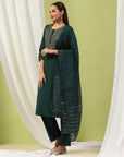 Solid Straight Cotton Kurta Set with Embroidery & Zari Dupatta