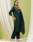 Solid Straight Cotton Kurta Set with Embroidery & Zari Dupatta