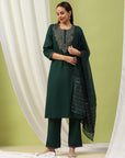 Solid Straight Cotton Kurta Set with Embroidery & Zari Dupatta
