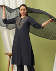 Solid Embroidered Cotton Straight Kurta Set with Dupatta for Women