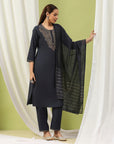 Solid Embroidered Cotton Straight Kurta Set with Dupatta for Women