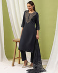 Solid Embroidered Cotton Straight Kurta Set with Dupatta for Women