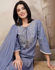 Solid Straight Cotton Kurta Set with Ethnic Embroidery & Laced Dupatta