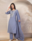Solid Straight Cotton Kurta Set with Ethnic Embroidery & Laced Dupatta