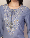 Solid Straight Cotton Kurta Set with Ethnic Embroidery & Laced Dupatta
