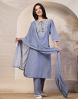 Solid Straight Cotton Kurta Set with Ethnic Embroidery & Laced Dupatta