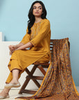 Pure Cotton Straight Kurta Set with Ari Embroidery & Printed Dupatta