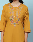 Pure Cotton Straight Kurta Set with Ari Embroidery & Printed Dupatta