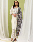 Ari Embroidered Cotton Kurta Set with Lace Palazzo & Floral Silk Dupatta