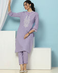 Mandarin Collar Cotton Kurta Set with Embroidered Net Sleeves & Palazzo
