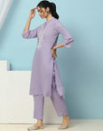 Mandarin Collar Cotton Kurta Set with Embroidered Net Sleeves & Palazzo