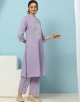 Mandarin Collar Cotton Kurta Set with Embroidered Net Sleeves & Palazzo