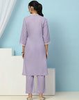 Mandarin Collar Cotton Kurta Set with Embroidered Net Sleeves & Palazzo