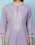 Mandarin Collar Cotton Kurta Set with Embroidered Net Sleeves & Palazzo
