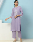 Mandarin Collar Cotton Kurta Set with Embroidered Net Sleeves & Palazzo