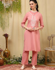 Pure Cotton Kurta Set with Thread Embroidery & Pocketed Palazzo