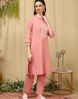 Pure Cotton Kurta Set with Thread Embroidery & Pocketed Palazzo