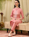 Pure Cotton Kurta Set with Thread Embroidery & Pocketed Palazzo