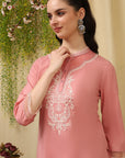 Pure Cotton Kurta Set with Thread Embroidery & Pocketed Palazzo