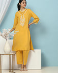 Solid Straight Cotton Kurta Set with Thread Embroidery & Embroidered Cuff