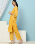 Solid Straight Cotton Kurta Set with Thread Embroidery & Embroidered Cuff