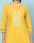 Solid Straight Cotton Kurta Set with Thread Embroidery & Embroidered Cuff