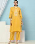 Solid Straight Cotton Kurta Set with Thread Embroidery & Embroidered Cuff