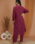 Solid Straight Rayon Slub Kurta Set with Thread Embroidery