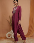 Solid Straight Rayon Slub Kurta Set with Thread Embroidery