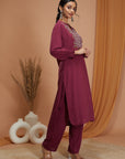 Solid Straight Rayon Slub Kurta Set with Thread Embroidery
