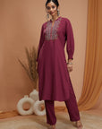 Solid Straight Rayon Slub Kurta Set with Thread Embroidery
